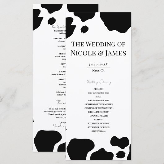 Vache Tachetée Impression Mariage Programme Noir B (Devant / Derrière)