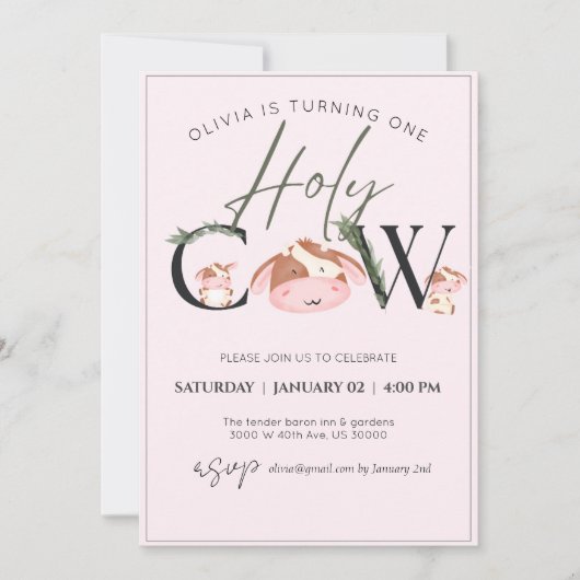 vache thème fille invitation (Devant)
