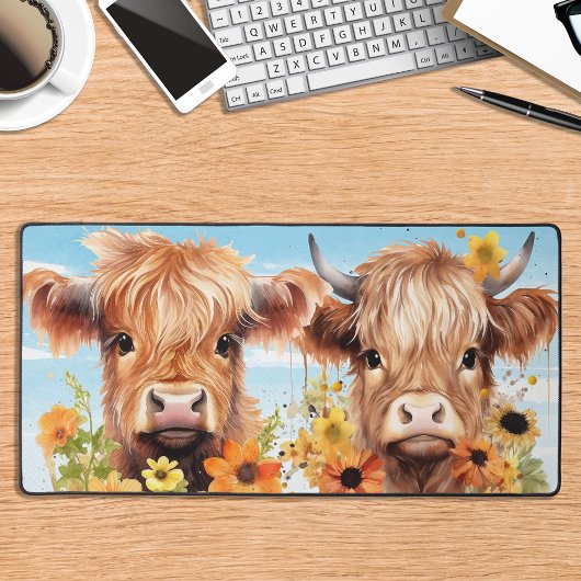 Vaches Highland Cute Aquarelle Florale Animal de f