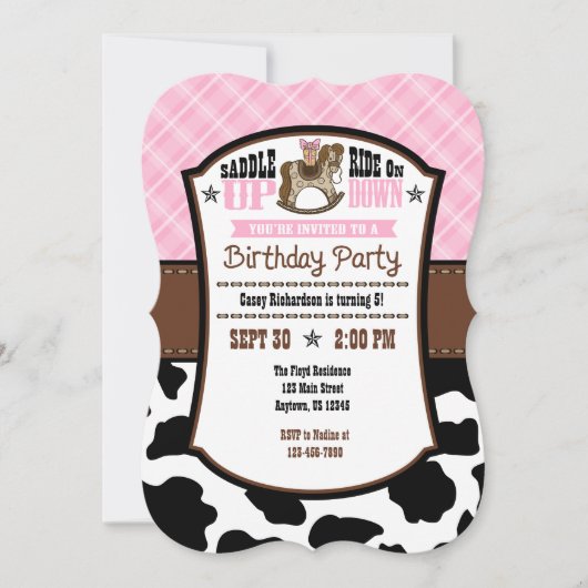 Vachette rose Plaid Cowboy Invitation d'anniversai (Devant)