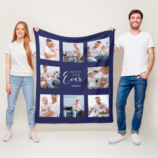 Vader fotocollage marineblauw fleece deken (In situ)