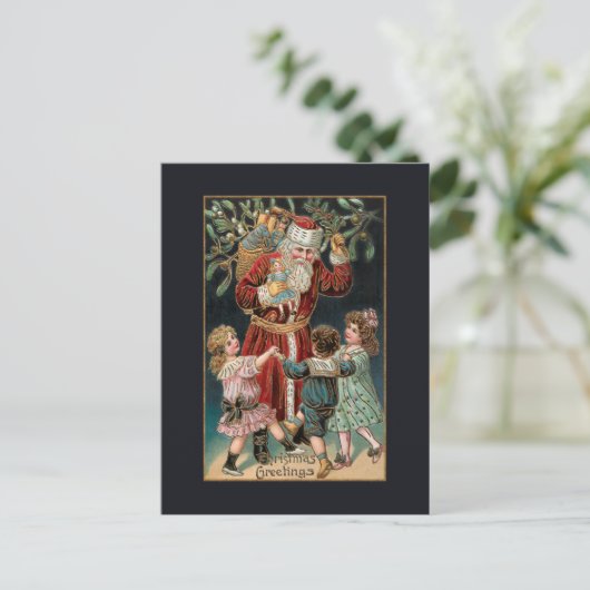 Vader Kerstmis met Dansende Kinderen & Mistletoe Briefkaart (Staand voorkant)