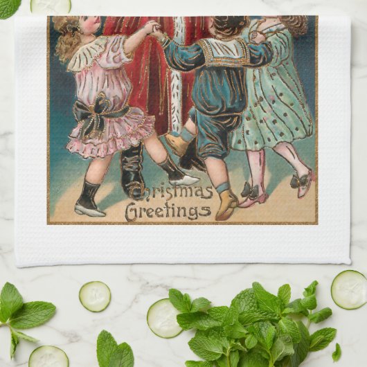 Vader Kerstmis met Dansende Kinderen & Mistletoe Theedoek (Gevouwen)