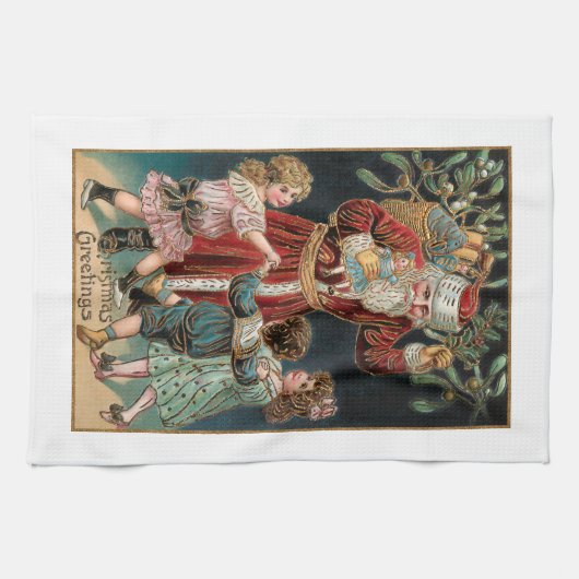 Vader Kerstmis met Dansende Kinderen & Mistletoe Theedoek (Horizontaal)