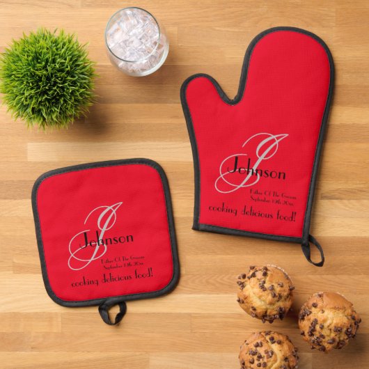 Vader van bruidegom Gift Monogram Eenvoudig Modern Ovenwant & Pannenlap Set (Top down)