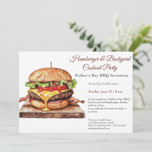 Vaderdag BBQ Uitnodiging – Sappige Hamburger Cook (Staand voorkant)