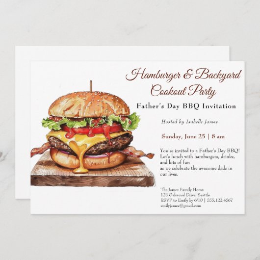 Vaderdag BBQ Uitnodiging – Sappige Hamburger Cook (Voorkant / Achterkant)