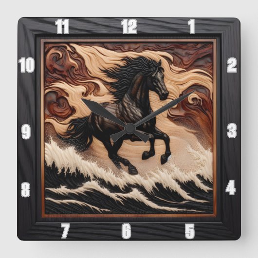 Vague sculptée Galloping Bois Horloge Cheval (Recto)