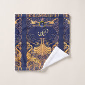 Vaisseau antique, Dauphins, Or, Monogramme bleu ma (Gant de toilette)