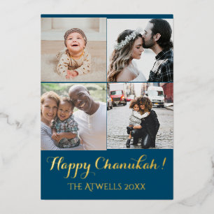 Vakantie 4 Foto's Happy Chanukah Family Blue Folie Feestdagenkaart