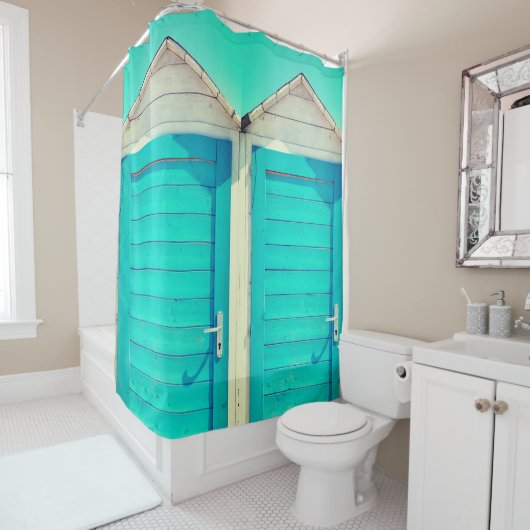 Vakantie aan het strand cabana turquoise wit douchegordijn (In situ)
