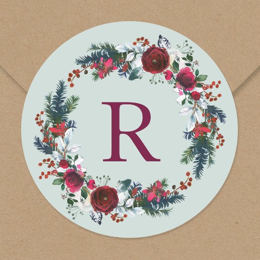 Vakantie Bloemen Kerst Krans Monogram Ronde Sticker