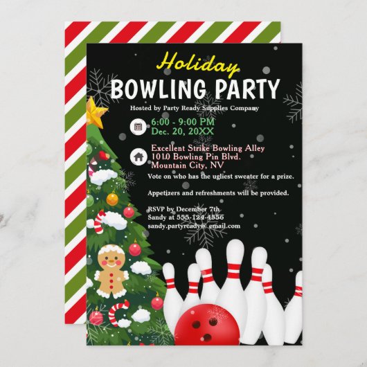 Vakantie Bowling Party Xmas Tree Black Achtergrond Kaart (Voorkant / Achterkant)