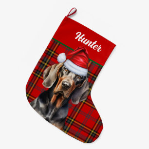 Vakantie BT Coonhound Red Green Plaid Dog's Name Grote Kerstsok