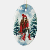 Vakantie Chic Brunette Rode Mode gepersonaliseerd Keramisch Ornament (Rechts)