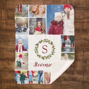 Vakantie groen krans familie monogram 12 foto sherpa deken