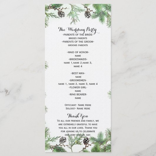 Vakantie Groen & Pine Cones Land Bruiloft Programm Programma (Achterkant)