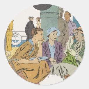 Vakantie in retrostijl, passagiers cruiseschip op ronde sticker