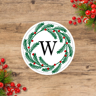 Vakantie krans met bessen Monogram Ronde Sticker