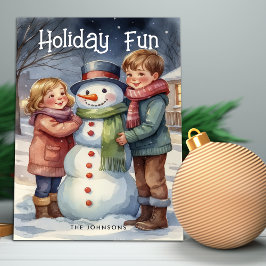 Vakantie Leuk Kinder Bouw Sneeuwman Kerst Kaart