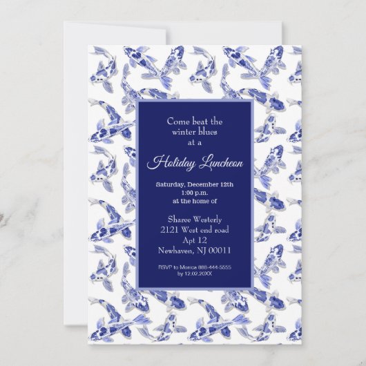 Vakantie lunch met blauwe en witte koi aankondiging (Voorkant)