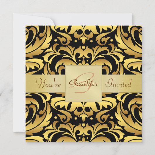 Vakantie nieuwe jaren Damask Foil Monogram Invitat Kaart (Voorkant)