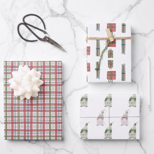 Vakantie Plaid & Gnome Wrapping Papier | Set van 3 Inpakpapier Vel