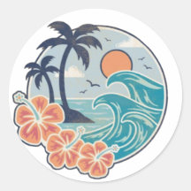 Vakantie sticker golft palmbomen en zonnebloemen
