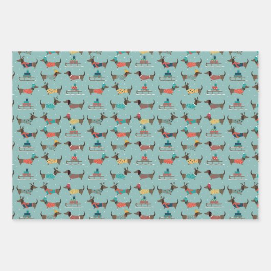 Vakantie teckels met geschenken en sleeën patroon inpakpapier vel (Voorkant)