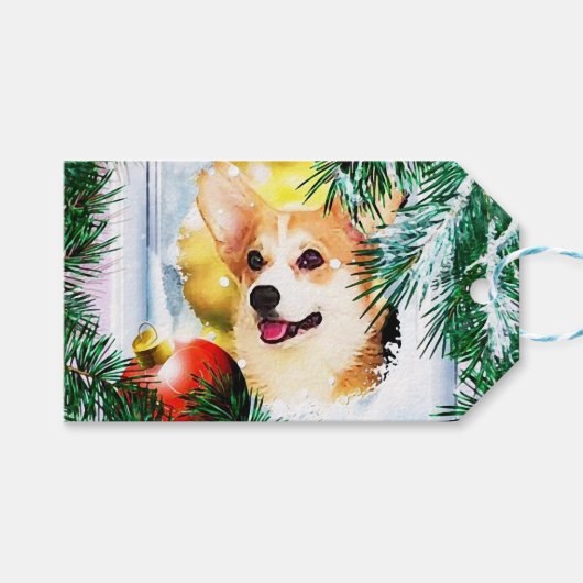 Vakantie Welsh Corgi in de winter Cadeaulabel (Voorkant (Horizontaal))