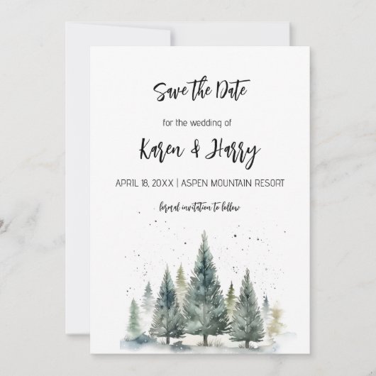 Vakantie Winter Pine Trees Save the Date Waterverf Kaart (Voorkant)