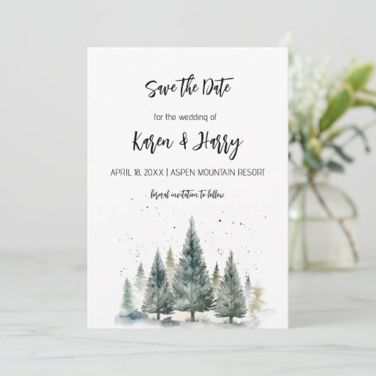 Vakantie Winter Pine Trees Save the Date Waterverf Kaart (Staand voorkant)