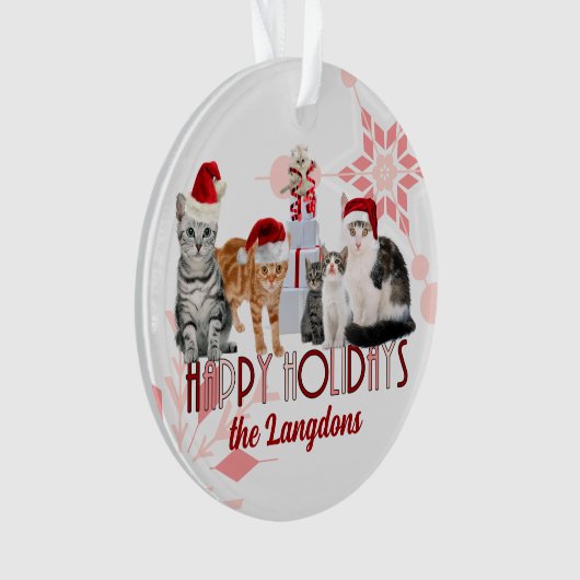 Vakantiecatten Aangepast rood en Roze Snowflake Ornament (voorkant)