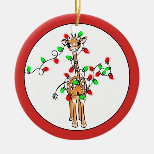 Vakantiedagen Giraffe- roodgetwinkeerd en groen li Keramisch Ornament (Voorkant)