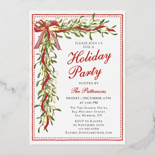 Vakantiefeest Mistletoe Bow Modern Kerstfeest Folie Uitnodiging (Voorkant)
