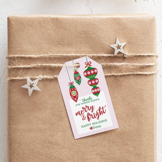 Vakantiegeld Label voor leraar "Merry & Bright" Cadeaulabel