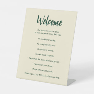 Vakantiehuis reglement donkergroen en wit Sjabloon Reclamebord Met Voetstuk