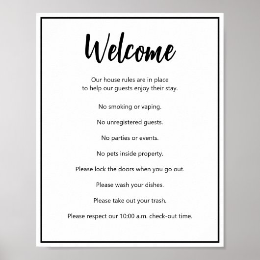 Vakantiehuis Reglement Zwart-wit Tekst Sjabloon Poster (Voorkant)