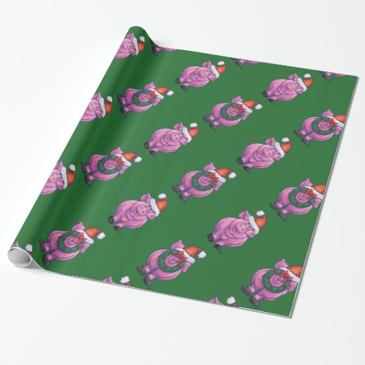 Vakantiepig in Santa Hat Pattern op Green Cadeaupapier (Uitgerold)
