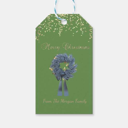 Vakantige kerstblauw, Confetti, groen Cadeaulabel (Voorkant)