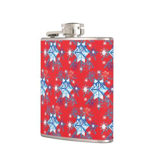 Vakantige rode en blauwe sneeuwvlokken en sterren heupfles (Links)