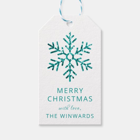 Vakkerkerkerstak Turquoise Glitter Snowflake Cadeaulabel (Voorkant)