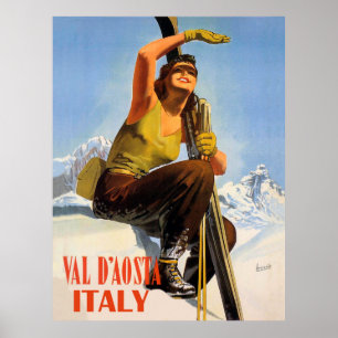 Val d'Aosta, Italië. Skiende vrouw. Winter Poster