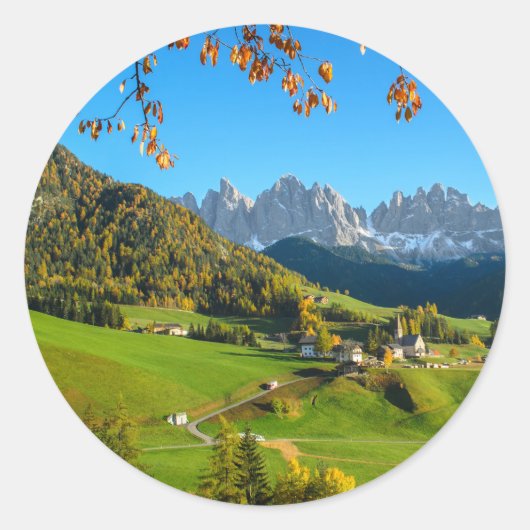 Val di Funes vallée avec autocollant rond feuilles (Devant)