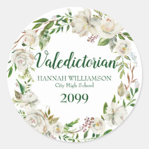 Valedictoriaans Afstuderen Wit Bloemen gepersonali Ronde Sticker
