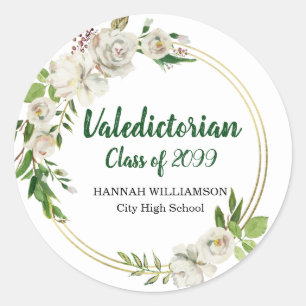 Valedictorian White Floral Gepersonaliseerd Afstud Ronde Sticker