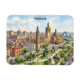 Valencia Spanje Aquarel Stadsgezicht Retro Reis Magneet