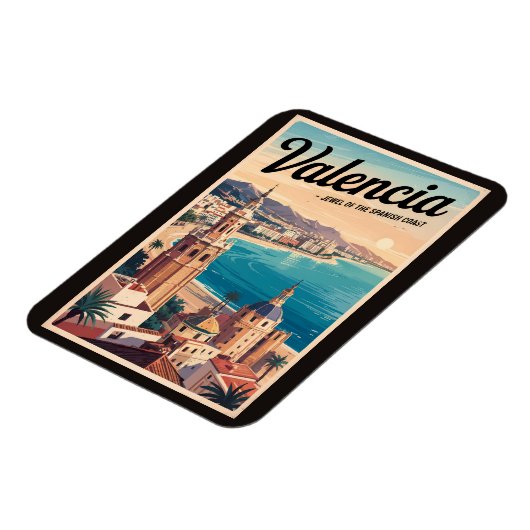 Valencia Spanje Kust Illustratie Reizen Art Retro Magneet (Linkerzijde)