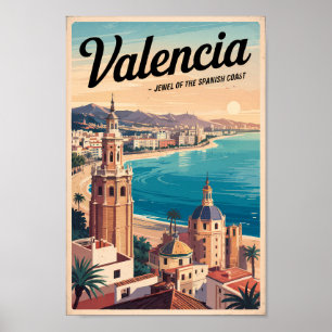 Valencia Spanje Kust Illustratie Reizen Art Retro Poster