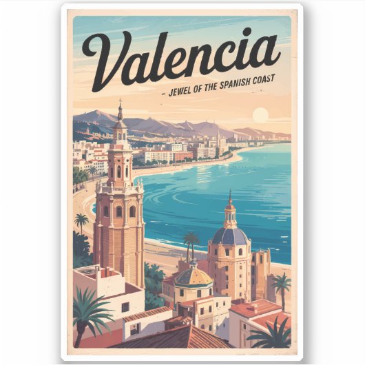 Valencia Spanje Kust Illustratie Reizen Art Retro Sticker (Voorkant)